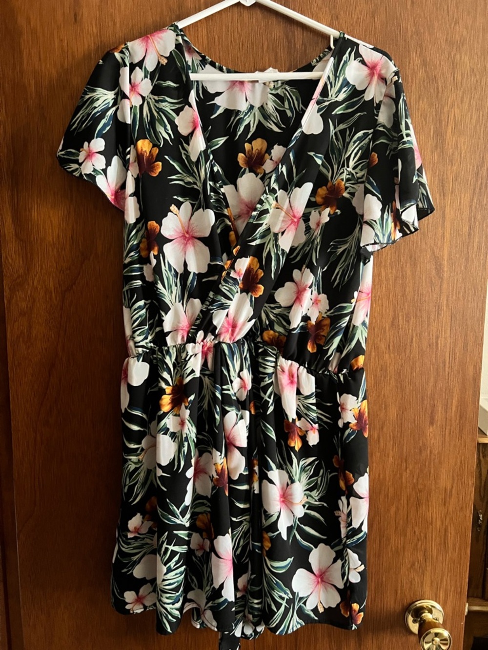 Floral Wrap-Style Black romper with Pink & White Blooms